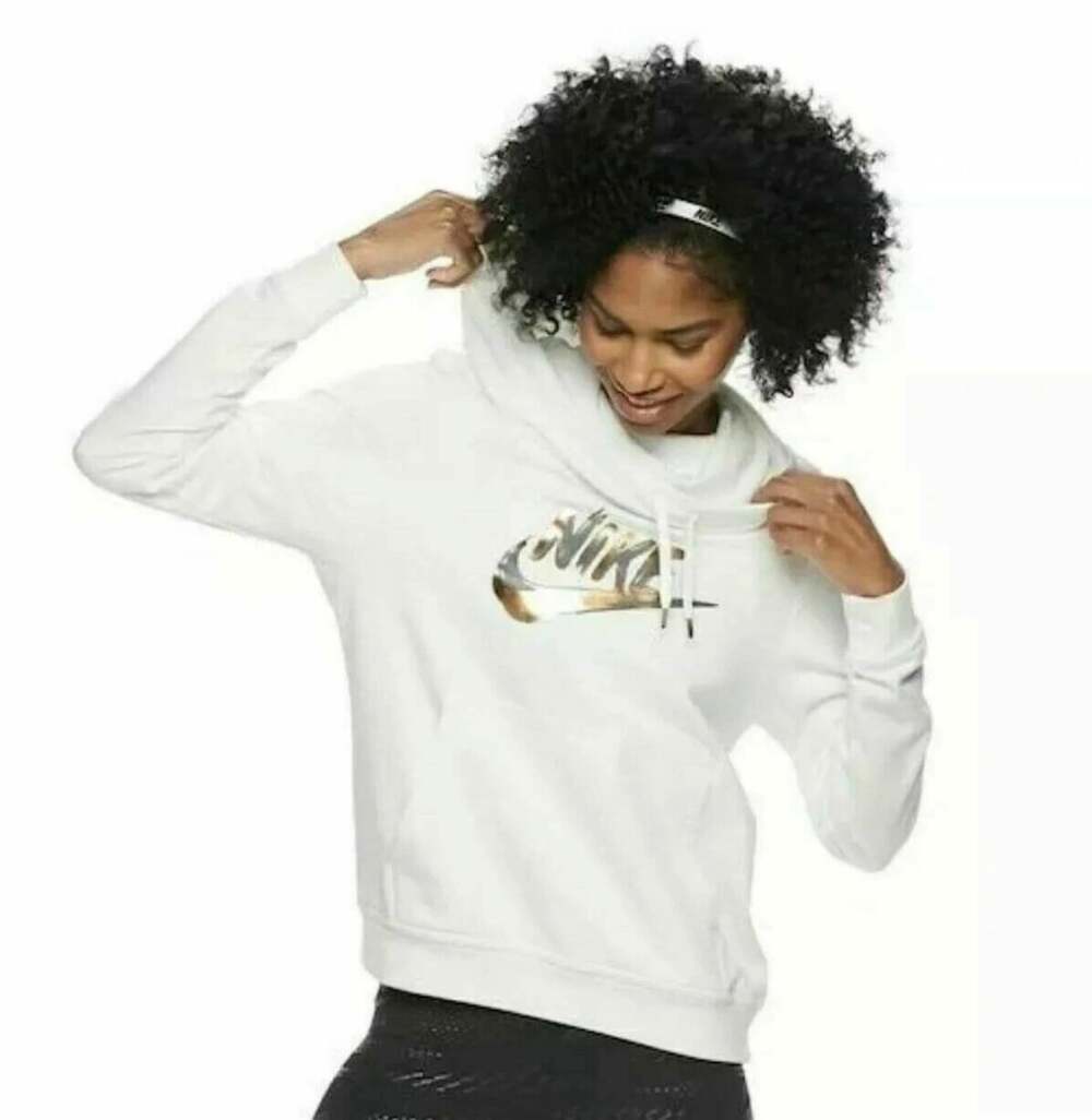 Womens Nike Fleece Swoosh Gold Logo Funnel Neck Pull Over White NWOT SZ M